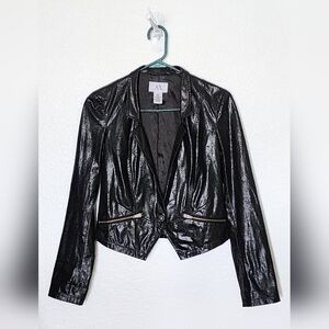 Armani Exchange Women's Metallic Black Faux Leather Cropped Jacket. Size M.